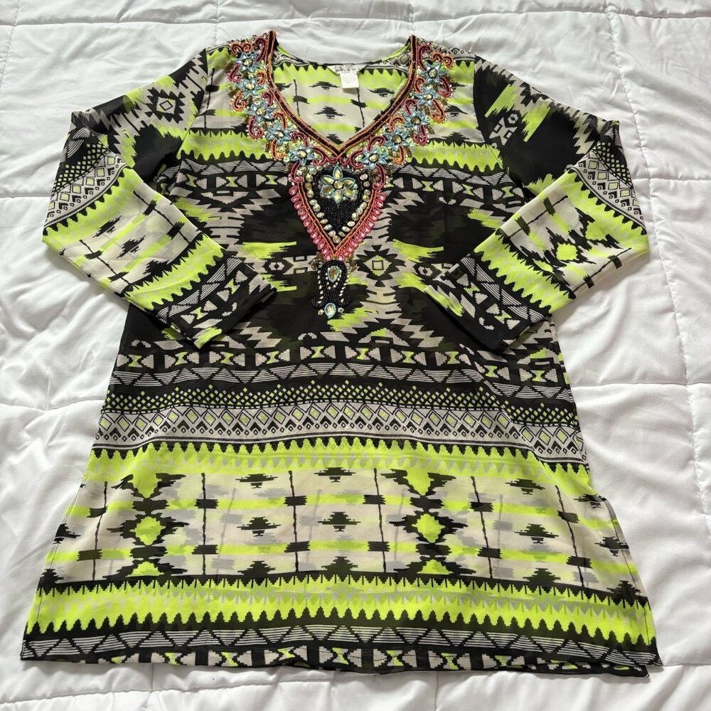 Lucky & Coco Tunic Cover Up Womens Size Large Yellow Beaded Sheer Boho Miami Y2K